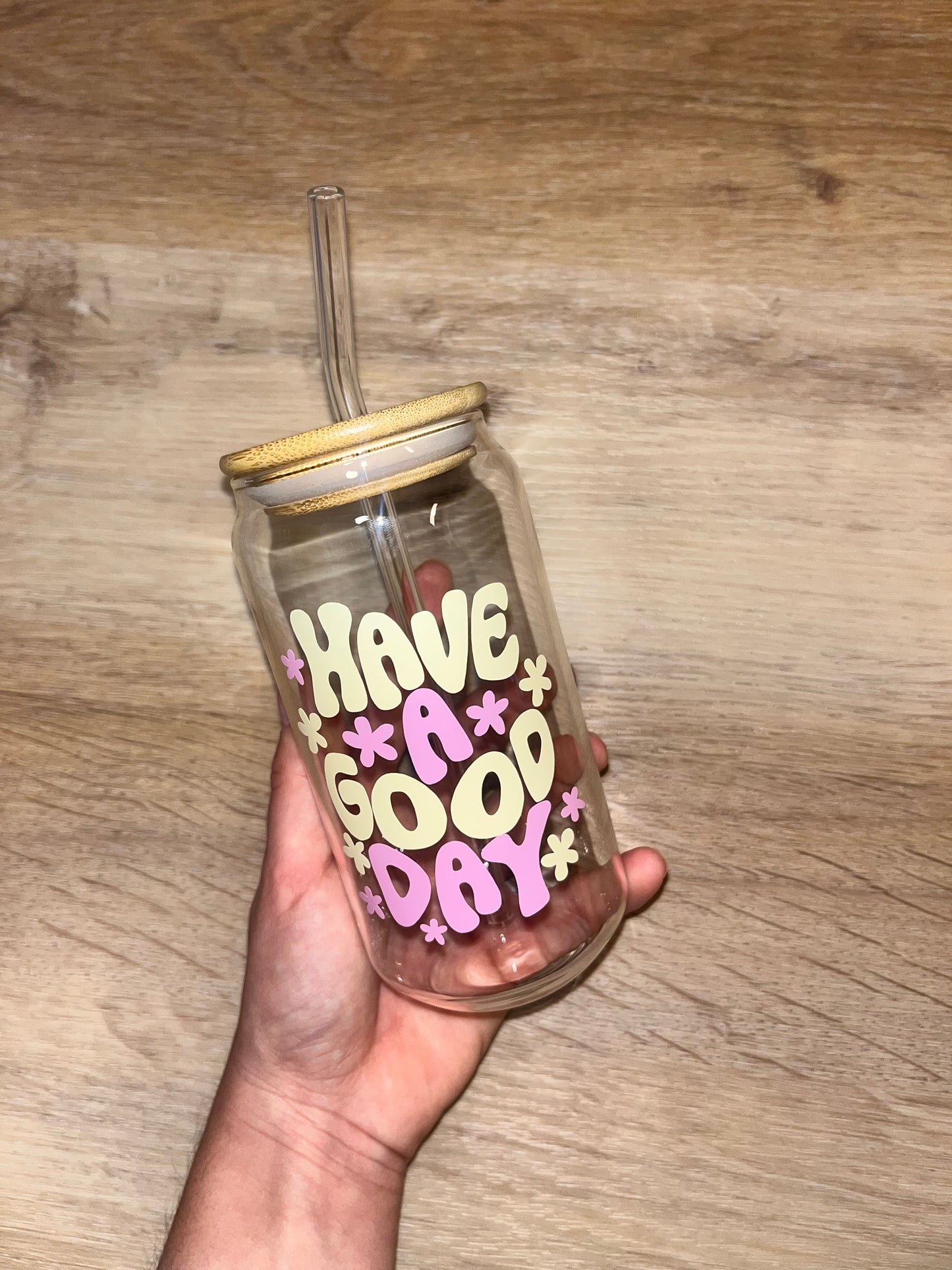 Have a good Day Trinkglas mit Bambusdeckel